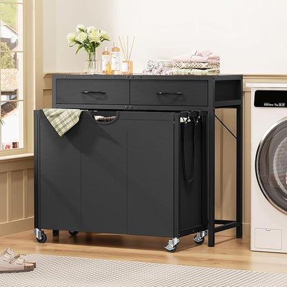 Laundry Sorter, Rolling Laundry Hamper with 3 Section Pull-Out Bags, Laundry Basket Organizer with 2 Drawers & 2-Tone Top Panel, Laundry Hamper with Wheels for Laundry Room Organization, Bathroom