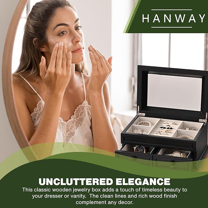 Hanway 2 Layers Wooden Jewelry Box Organizer for Women, with 7 compartments, featuring interior mirror & tray for watch, necklaces, earrings, bracelets, and rings (Black)