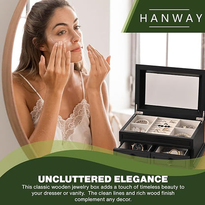 Hanway 2 Layers Wooden Jewelry Box Organizer for Women, with 7 compartments, featuring interior mirror & tray for watch, necklaces, earrings, bracelets, and rings (Black)