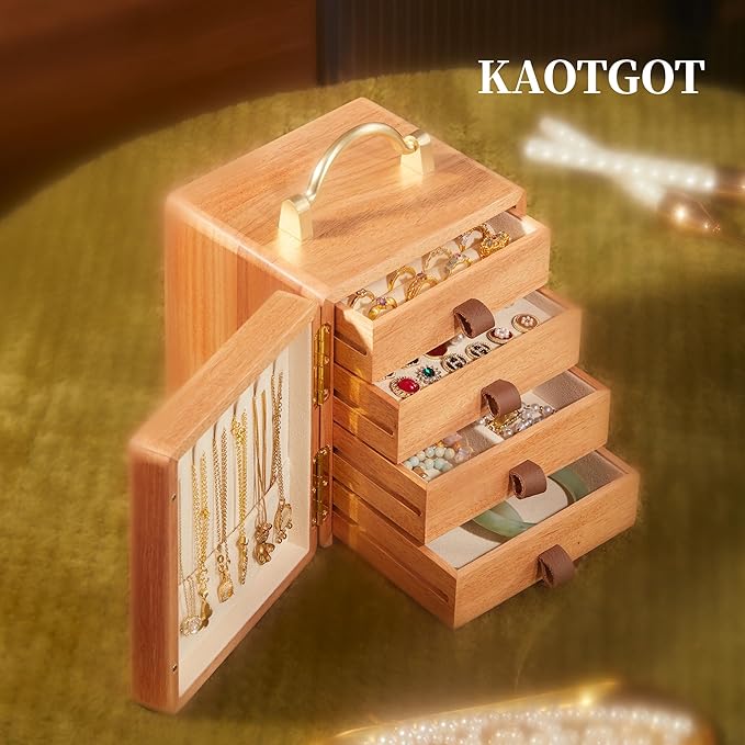 Wooden Jewelry Box for Women Walnut Wooden Jewelry Box with handle 4-Tier Jewelry Organizer for Rings, Necklaces