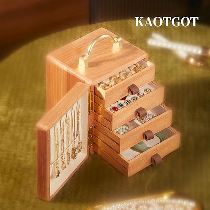 Wooden Jewelry Box for Women Walnut Wooden Jewelry Box with handle 4-Tier Jewelry Organizer for Rings, Necklaces