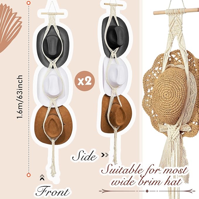 Hat Organizer Bohemian Hat Wall Hanging Wooden Hat Hooks Boho Hat Hangers for Wall Hanging Hat Display Hand Weaving Hat Rack Decorative Cap Holder for Wide Brim and Fedoras Baseball Caps (2 Pieces)