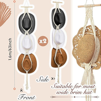 Hat Organizer Bohemian Hat Wall Hanging Wooden Hat Hooks Boho Hat Hangers for Wall Hanging Hat Display Hand Weaving Hat Rack Decorative Cap Holder for Wide Brim and Fedoras Baseball Caps (2 Pieces)