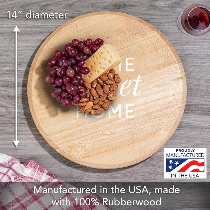 CounterArt Decorative Round Natural Wood Lazy Susan Turntable 14" Diameter Condiment Caddy, Cheese Server, Cake Plate, Spice Organization (Home Sweet Home)
