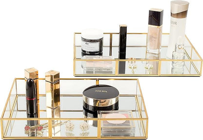 Perfume Tray Vanity Tray with Metal Frame, Gold Tray for Bathroom, Jewelry or Home Decoration 2 Pcs (L+S)