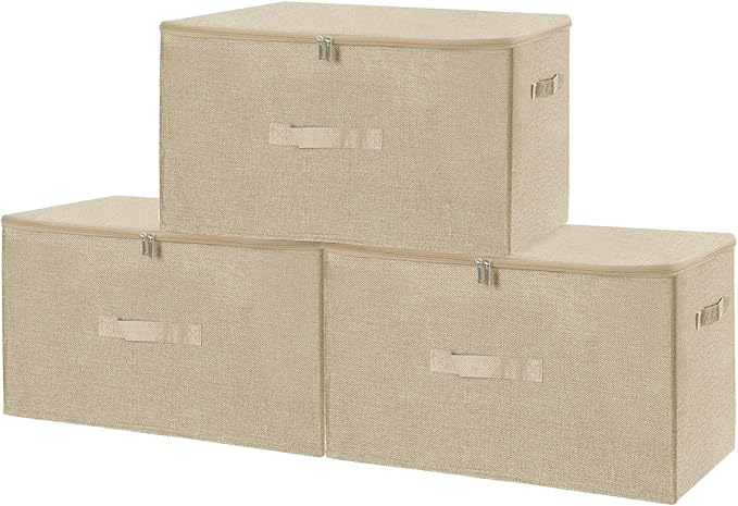 ANMINY 3PCS Storage Bins with Zipper Lids 51.9 Qt Lidded Fabric Storage Boxes Baskets Cubes with Handles Collapsible Washable Cotton Linen Closet Shelf Clothes Organizer - Beige, Extra Large