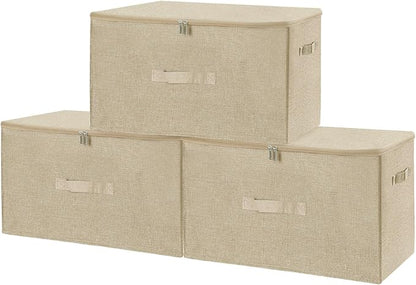 ANMINY 3PCS Storage Bins with Zipper Lids 51.9 Qt Lidded Fabric Storage Boxes Baskets Cubes with Handles Collapsible Washable Cotton Linen Closet Shelf Clothes Organizer - Beige, Extra Large