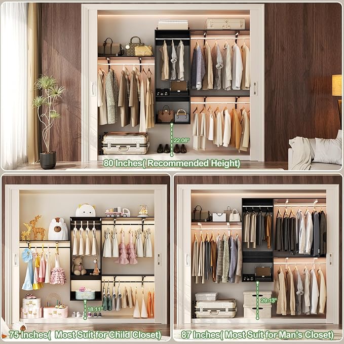 96 Hanging Closet System with 2 Wooden Drawers, 75"–87" Height Adjustable Closet Organizer System with Tower, 4-8FT Custom Closet Shelving System, Wall-Mounted Walk-In Closets Wardrobe, Black