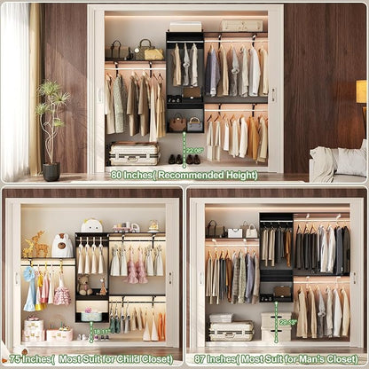 96 Hanging Closet System with 2 Wooden Drawers, 75"–87" Height Adjustable Closet Organizer System with Tower, 4-8FT Custom Closet Shelving System, Wall-Mounted Walk-In Closets Wardrobe, Black