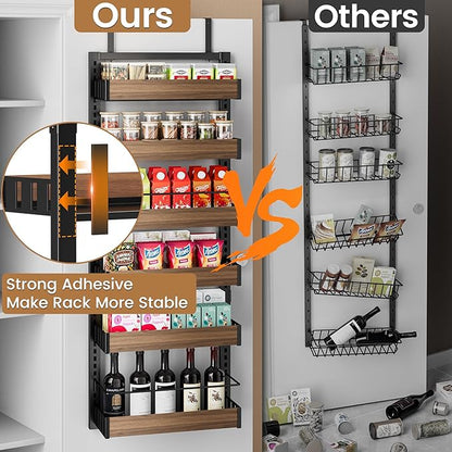 POKIPO 6 Tier Over The Door Pantry Organizer, 2-in-1 Door Hanging or Wall Mounted Spice Rack, Large Heavy Duty Pantry Door Storage Seasoning Shelves with Adjustable Basket for Kitchen Bathroom Closet