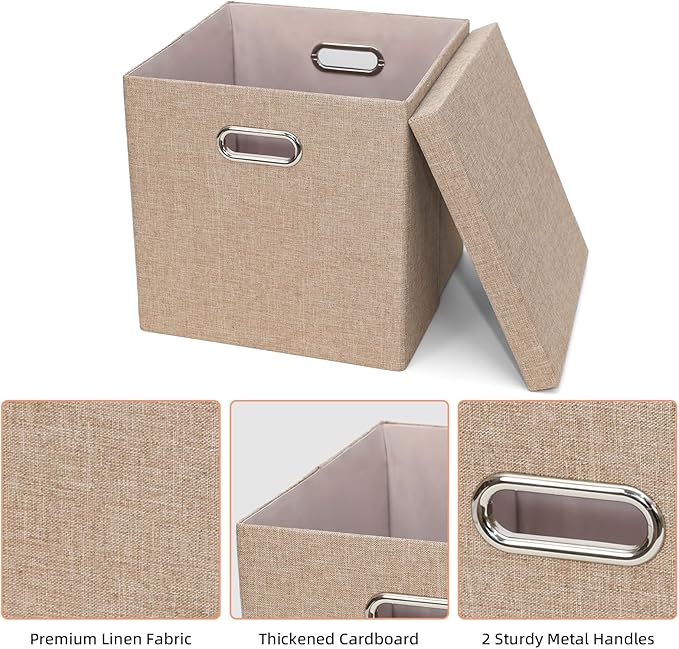 Storage Bins with Lids, Collapsible Linen Fabric Boxes Organizer Containers with Lid Foldable Storage Box Basket for Closet, Shelves, Home, Office, 12 x 12 x 12.4 Inch, 4 Pack, Khaki