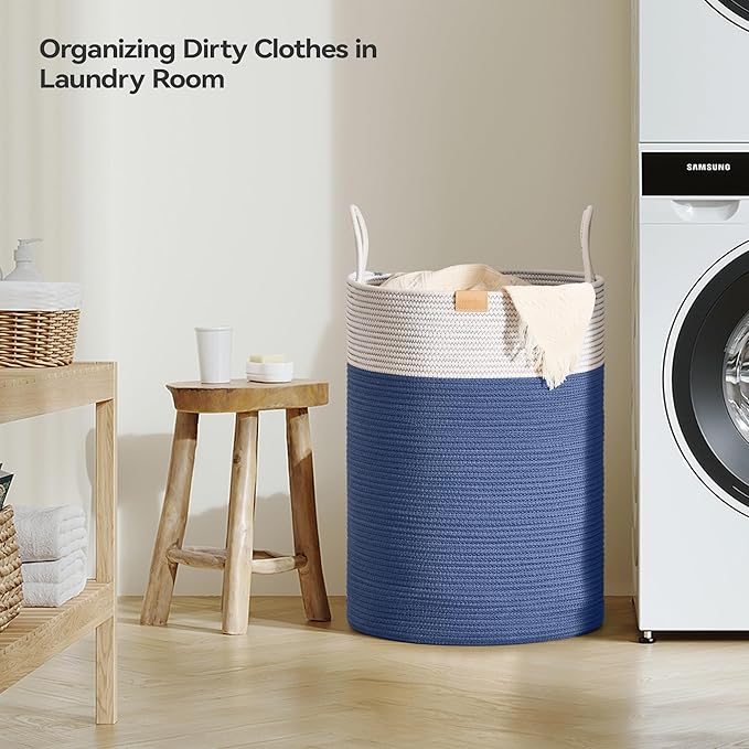 Nunsino Laundry Hamper 95L,Large Laundry Basket for Clothes,Decorative Storage Basket for Blankets,Cotton Rope Woven basket for bedroom,Navy Blue