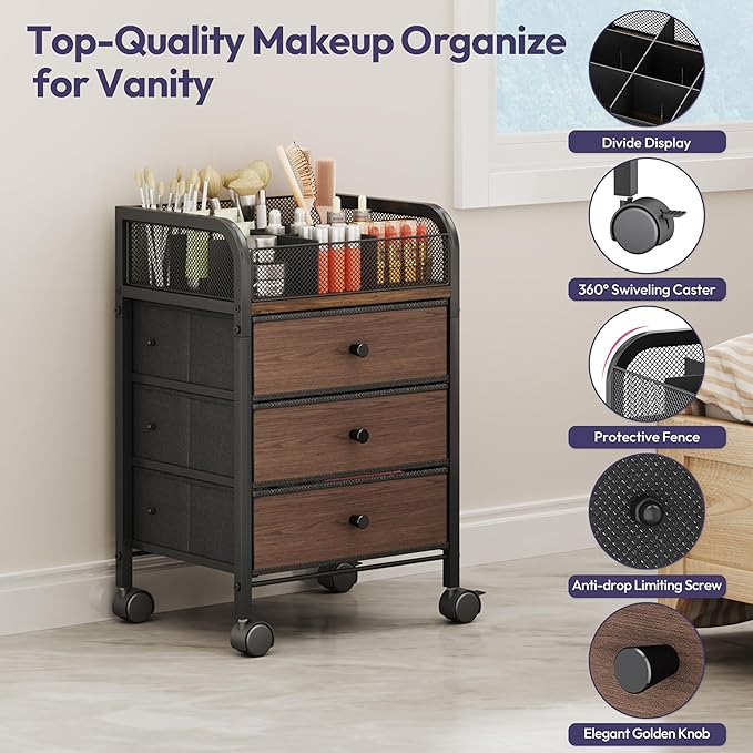 SWTYMIKI Rolling Makeup Organizer Cart - 14.96″*11.81″*23.03″ Widened Under Desk Vanity Storage with 3 Non-woven Drawers, Cosmetic Display Cases for Skin Care Perfume Nail Polish Brush Hair Tool Black