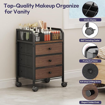 SWTYMIKI Rolling Makeup Organizer Cart - 14.96″*11.81″*23.03″ Widened Under Desk Vanity Storage with 3 Non-woven Drawers, Cosmetic Display Cases for Skin Care Perfume Nail Polish Brush Hair Tool Black