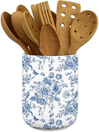 JarThenaAMCS Patriotic Ceramic Utensil Holder 4th of July Blue Chinoiserie Floral Flower Butterfly Utensil Crock for 250th Anniversary Home Kitchen Countertop Storage Organizer Container