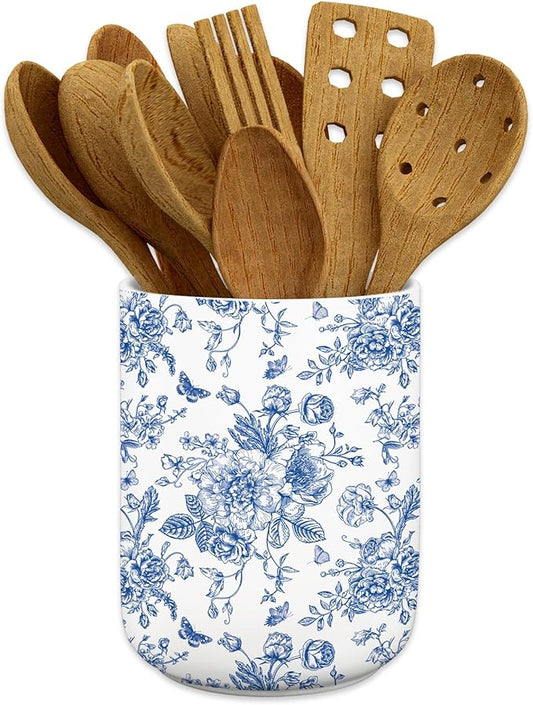 JarThenaAMCS Patriotic Ceramic Utensil Holder 4th of July Blue Chinoiserie Floral Flower Butterfly Utensil Crock for 250th Anniversary Home Kitchen Countertop Storage Organizer Container