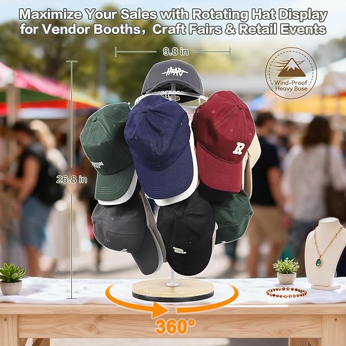 Keebofly Rotating Free Standing Hat Rack & Organizer Stand, 3-Tier Merchandise Display & Tabletop Baseball Cap Organizer Holds 40+ Caps, Portable for Vendor & Home Use in Bedroom, Closet, Entryway