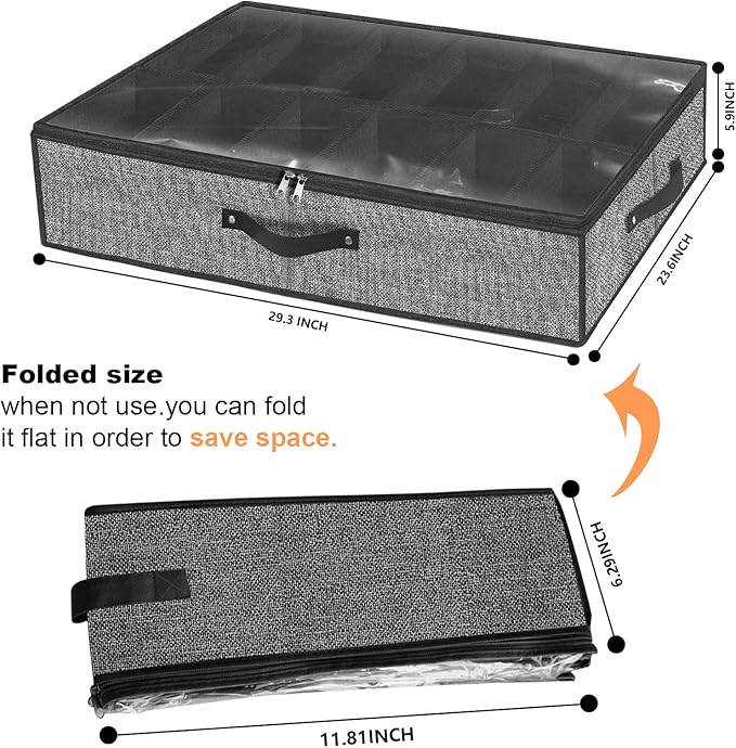 homyfort Under Bed Shoe Storage Organizer Fits 12 Pairs- Underbed Shoe Container Solution Shoes Box Bins with Clear Window for Sneakers,High Heels,Flip Flop(Black)