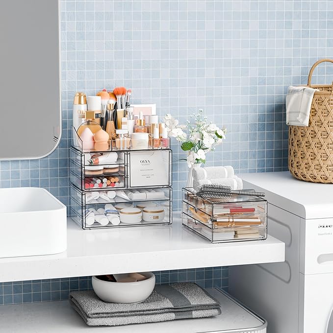 Yieach Acrylic Make up Organizers for Counter,Desk and Vanity,4 Pack Stackable Bathroom Counter Organizer with Drawers,Large Clear Makeup Organizers and Storage for Skincare,Cosmetic,Beauty Products