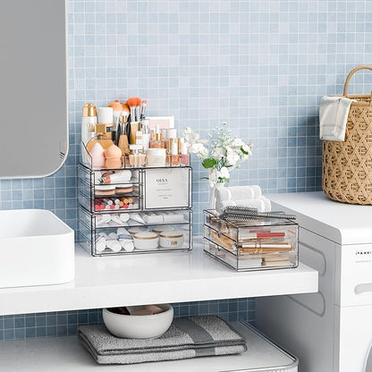 Yieach Acrylic Make up Organizers for Counter,Desk and Vanity,4 Pack Stackable Bathroom Counter Organizer with Drawers,Large Clear Makeup Organizers and Storage for Skincare,Cosmetic,Beauty Products