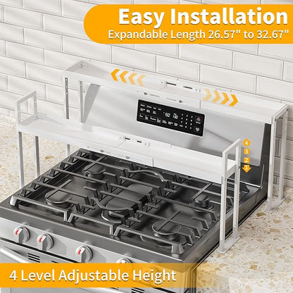 Stove Top Shelf for Curved Stove, Expand 27 to 33 Inch Spice Rack, 4 Level Adjustable Height Spice Shelf, Over the Stove Shelf for Back of Stove Spice Rack Organizer for Countertop, White