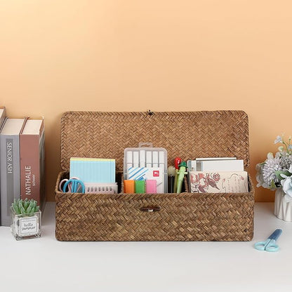 Hipiwe Handwoven Seagrass Storage Basket with Lid Rectangular Toilet Paper Holder 3 Sections Home Organizer Bin for Bathroom Shelf Kitchen