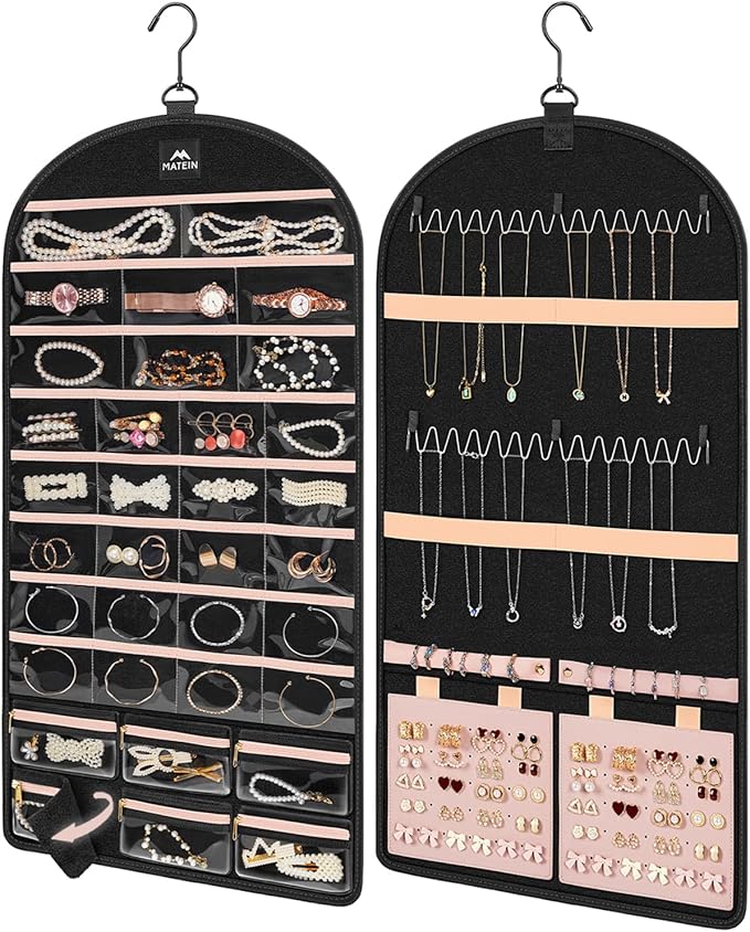 MATEIN Hanging Jewelry Organizer with Removable Zipper Jewelry Pouches, Tangle-Free Necklace Hanger for Closet with Metal Hook, Over the Door Earring Storage Bracelet Ring Holder