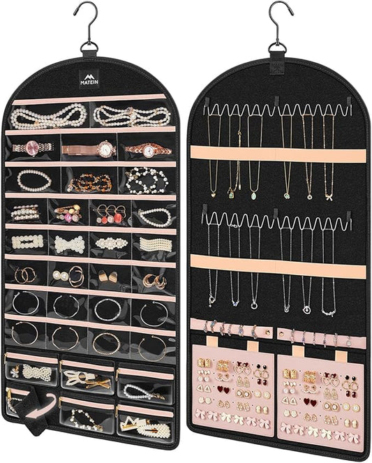 MATEIN Hanging Jewelry Organizer with Removable Zipper Jewelry Pouches, Tangle-Free Necklace Hanger for Closet with Metal Hook, Over the Door Earring Storage Bracelet Ring Holder