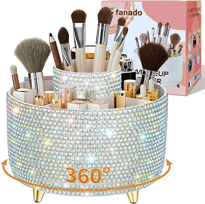 fanado Bling 360° Rotate Makeup Brush Holder Organizer, Makeup Organizers Countertop, Makeup organization and Skincare Storage for Vanity, Gift for Women Girls (Bling dz-White AB)