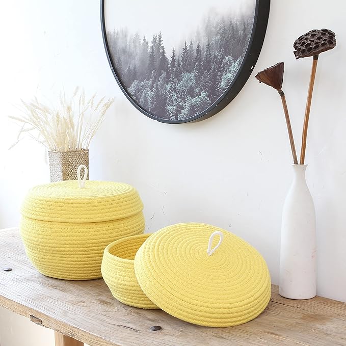 Sea Team Round Cotton Rope Storage Basket with Lid, Decorative Woven Storage Bin, Pot, Caddy, Organizer, Container for Snacks, Towels, Plants, 13 x 9 Inches (Large, Yellow)