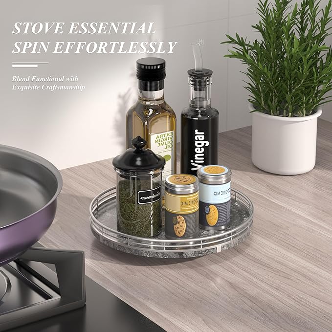 Gray Marble Lazy Susan Turntable for Table Top – 10” Round Marble Tray Organizer for Dining Table, Kitchen Countertop & Bar, Luxury Stone Serving Tray with Silver Frame