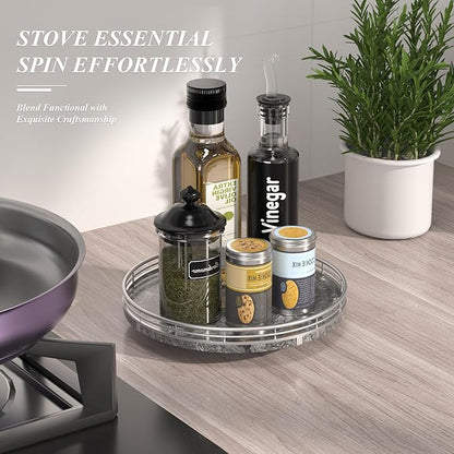 Gray Marble Lazy Susan Turntable for Table Top – 10” Round Marble Tray Organizer for Dining Table, Kitchen Countertop & Bar, Luxury Stone Serving Tray with Silver Frame