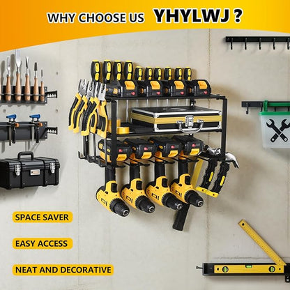 Wall Mount Power Tool Organizer, 3 Layers Garage Wall Organize with 4 Cordless Drill Holders, Storage Rack for Workshop/Garage, 150Lbs Load Capacity, Heavy Duty Iron, Matte Black