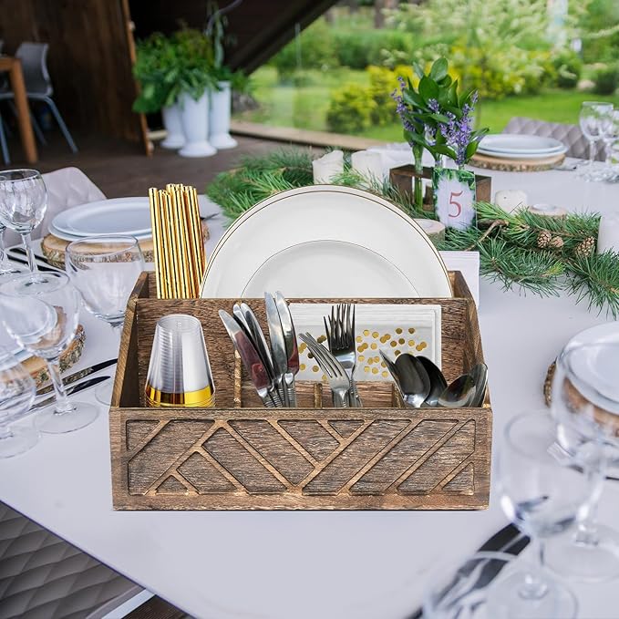 Ukonvi Paper Plate Dispenser, Paper Plate Holder for Kitchen Counter, Wood Rustic Silverware Utensil Caddy, Cutlery Flatware Organizer Box for Cups Spoons Forks Plates Napkins, Kitchen Accessories