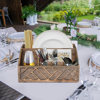 Ukonvi Paper Plate Dispenser, Paper Plate Holder for Kitchen Counter, Wood Rustic Silverware Utensil Caddy, Cutlery Flatware Organizer Box for Cups Spoons Forks Plates Napkins, Kitchen Accessories
