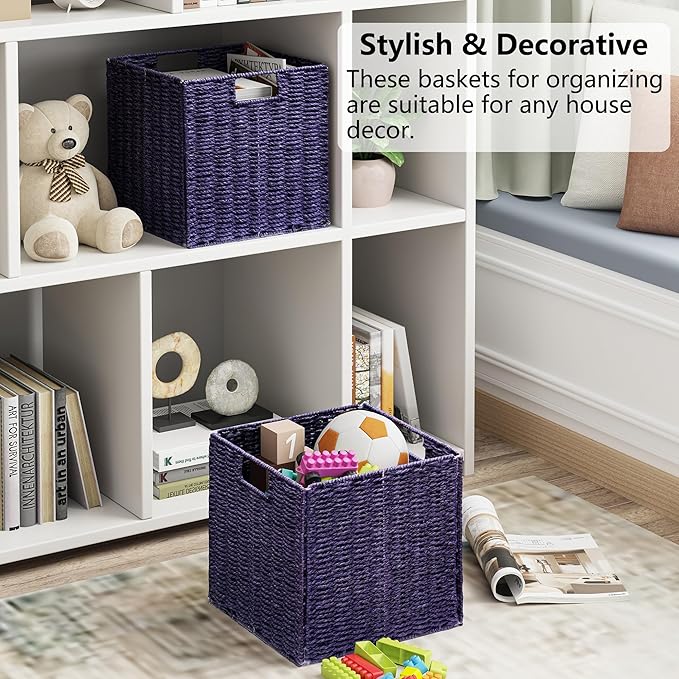 Vagusicc Wicker Storage Basket, Set of 2 Hand-Woven Paper Rope Wicker Basket, Foldable Cube Storage Bins, Square Large Storage Baskets for Organizing Shelves, Decor, Orange (13″×13″×13″)