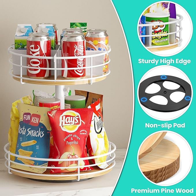Snack Organizer with Adjustable Height and 360°Rotation, 2 Tier Lazy Susan Snack Storage Holder for Countertop Office Home Breakroom, White