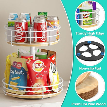 Snack Organizer with Adjustable Height and 360°Rotation, 2 Tier Lazy Susan Snack Storage Holder for Countertop Office Home Breakroom, White