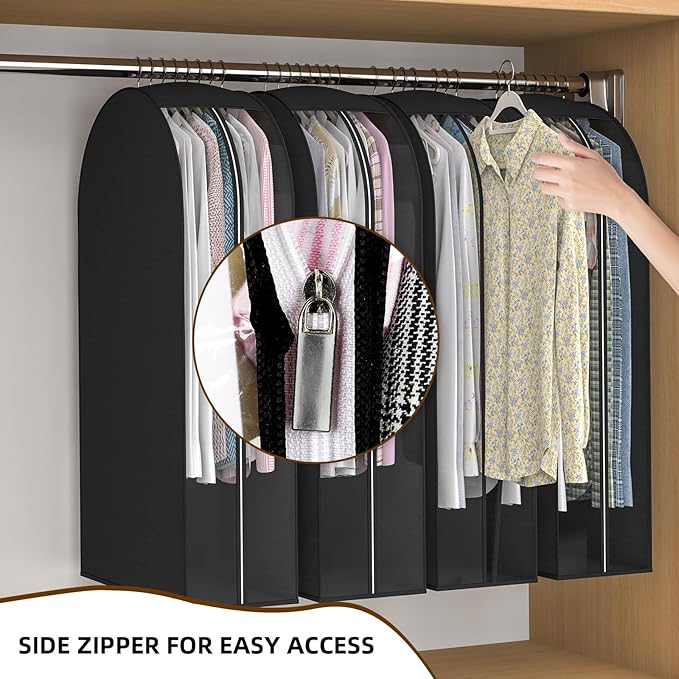 Black Garment Bags for Hanging Clothes 4 Packs, 10“ Gusseted and 43" Clothes Protectors for Hanging Clothes for Closet, Shirts, Coats, Dresses