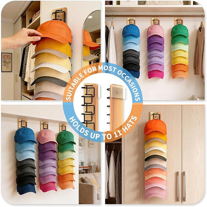 2 Pack Hat Organizer for Baseball Caps, Wood & Metal Hat Rack for Wall, Hat Storage for 22 Caps with Strong Adhesive/Wall Drilled for Door, Wall and Closet (Natural Wood)
