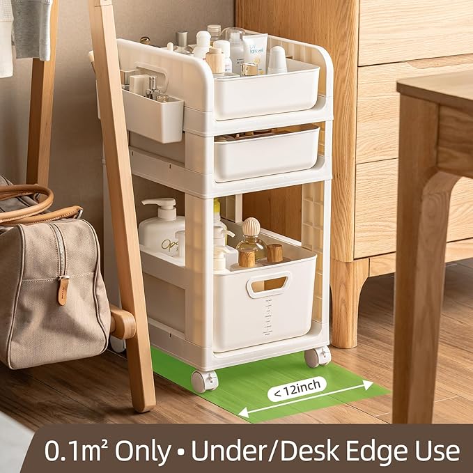 Rolling Makeup Organizer Cart with Removable Drawer, 3 Tier Stable White Floor Skincare Storage Cart for Vanity, Cosmetic Display, Nail Polish, Perfume, Hair Stuff, Beauty, Bathroom (3 Tier White)