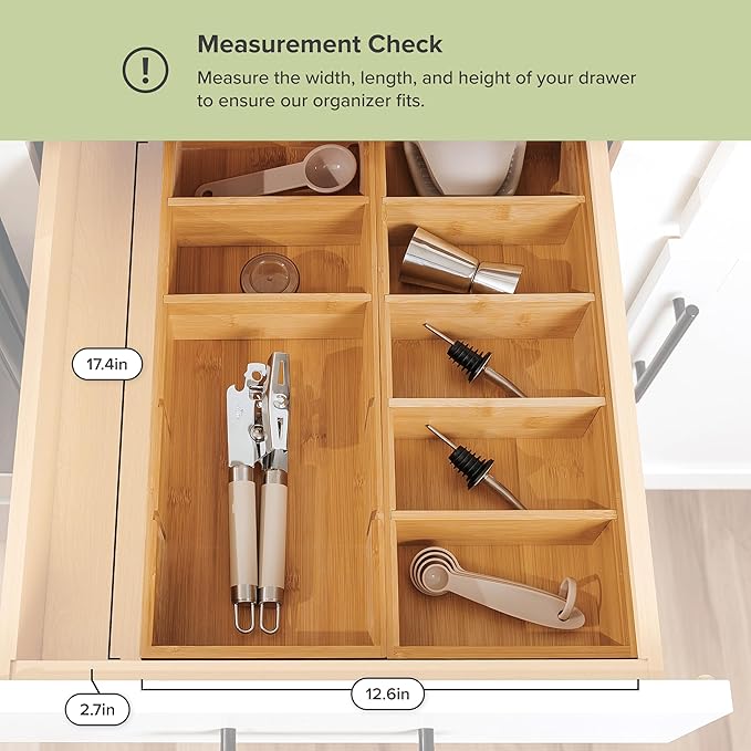 KitchenEdge Premium Kitchen Utensils and Junk Drawer Organizer – Small 5-Compartment Design with 4 Removable Dividers, Non-Slip Feet, 100% Sustainable Bamboo, 2 Pack