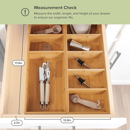 KitchenEdge Premium Kitchen Utensils and Junk Drawer Organizer – Small 5-Compartment Design with 4 Removable Dividers, Non-Slip Feet, 100% Sustainable Bamboo, 2 Pack