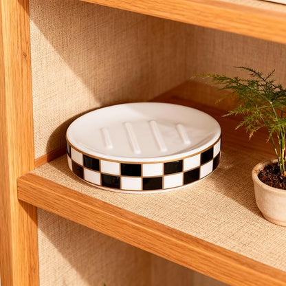 Ceramic Checkered Soap Dish,Black&White Soap Dish for Bathroom Sink, Bar Soap Holder for Bathroom Decorative Counter,Checkered Deco (Black)