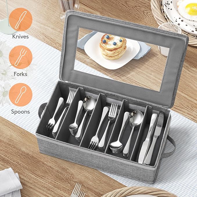 Lifewit Silverware Storage Box, Covered Flatware Organizer with Zipper Lid, 5 Compartment Cutlery Case with Adjustable Divider and Handle, Utensil Container for Spoon Fork Knives, 2 Pack, 27 -43cm
