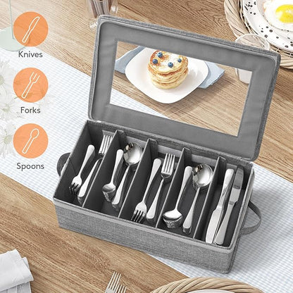 Lifewit Silverware Storage Box, Covered Flatware Organizer with Zipper Lid, 5 Compartment Cutlery Case with Adjustable Divider and Handle, Utensil Container for Spoon Fork Knives, 2 Pack, 27 -43cm