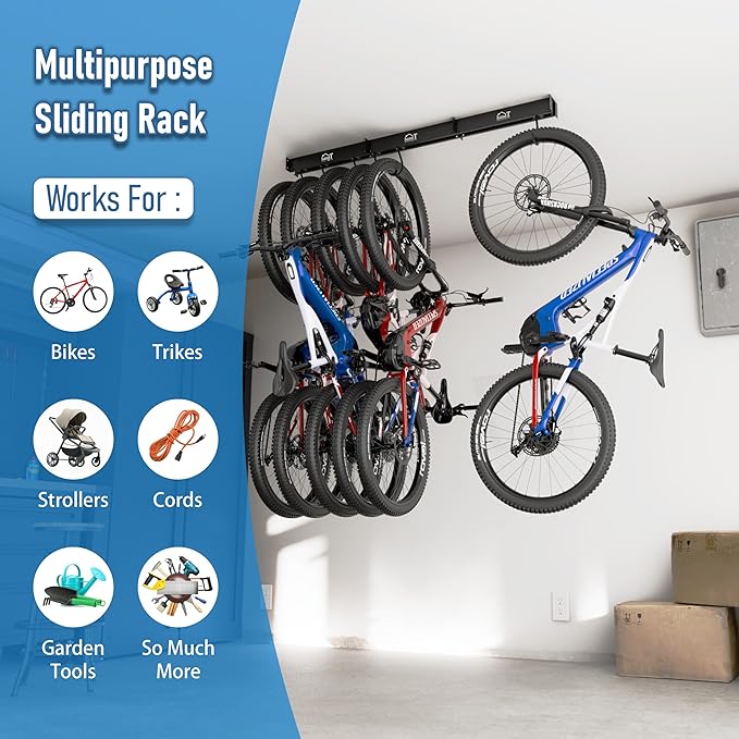 USA Based Ceiling Bike Rack Garage Storage Mount, Bicycle Hanger For Up To 6 Bikes, Sliding 51" Heavy Duty Hook Racks With Padded Hanging Mounts, Hooks Hangers (Black, 1 Rail - 2 Hooks)