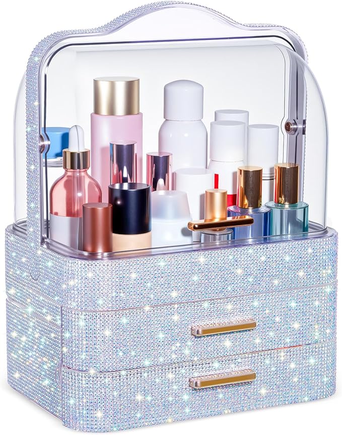 Honeydak Bling Makeup Organizer for Mothers Day Nurses Day Birthday Gifts Rhinestone Cosmetic Display Cases with Transparent Cover, Skincare Perfume Organizer for Countertop, Desk(Silver,Rhinestone)