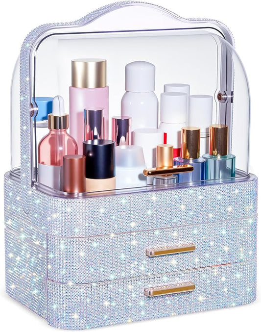 Honeydak Bling Makeup Organizer for Mothers Day Nurses Day Birthday Gifts Rhinestone Cosmetic Display Cases with Transparent Cover, Skincare Perfume Organizer for Countertop, Desk(Silver,Rhinestone)