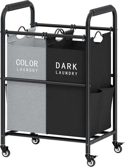 Tajsoon 2 Bag Laundry Sorter Cart, Laundry Hamper Sorter Basket with Heavy Duty Lockable Rolling Wheels for Clothes Storage, Black & Grey